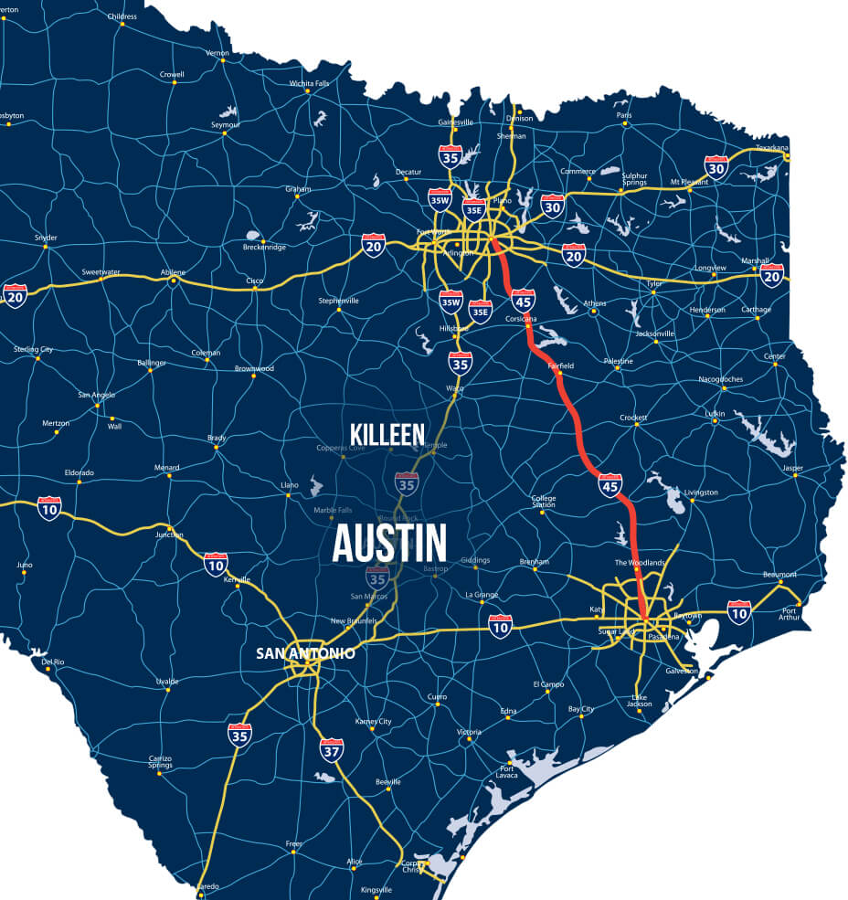 Map of Austin to Killeen with highlighted road
