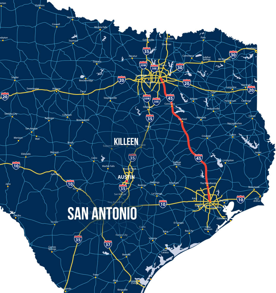 Map of San Antonio to Killeen with highlighted road